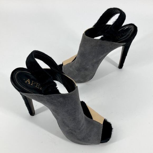 Aperlai Paris Womens Black Gray Tan Leather Pony Peep Toe Heels Size 38 1/2 - Picture 2 of 16